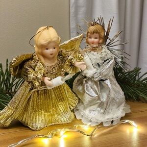 Vintage Angel Ornament Light Holder Gold Lame' Porcelain Head USA Set of 2